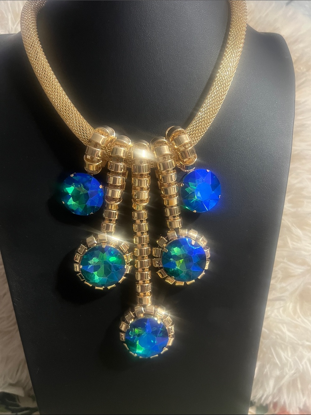 Gold Statement Necklace with Blue-Green Crystal Drops